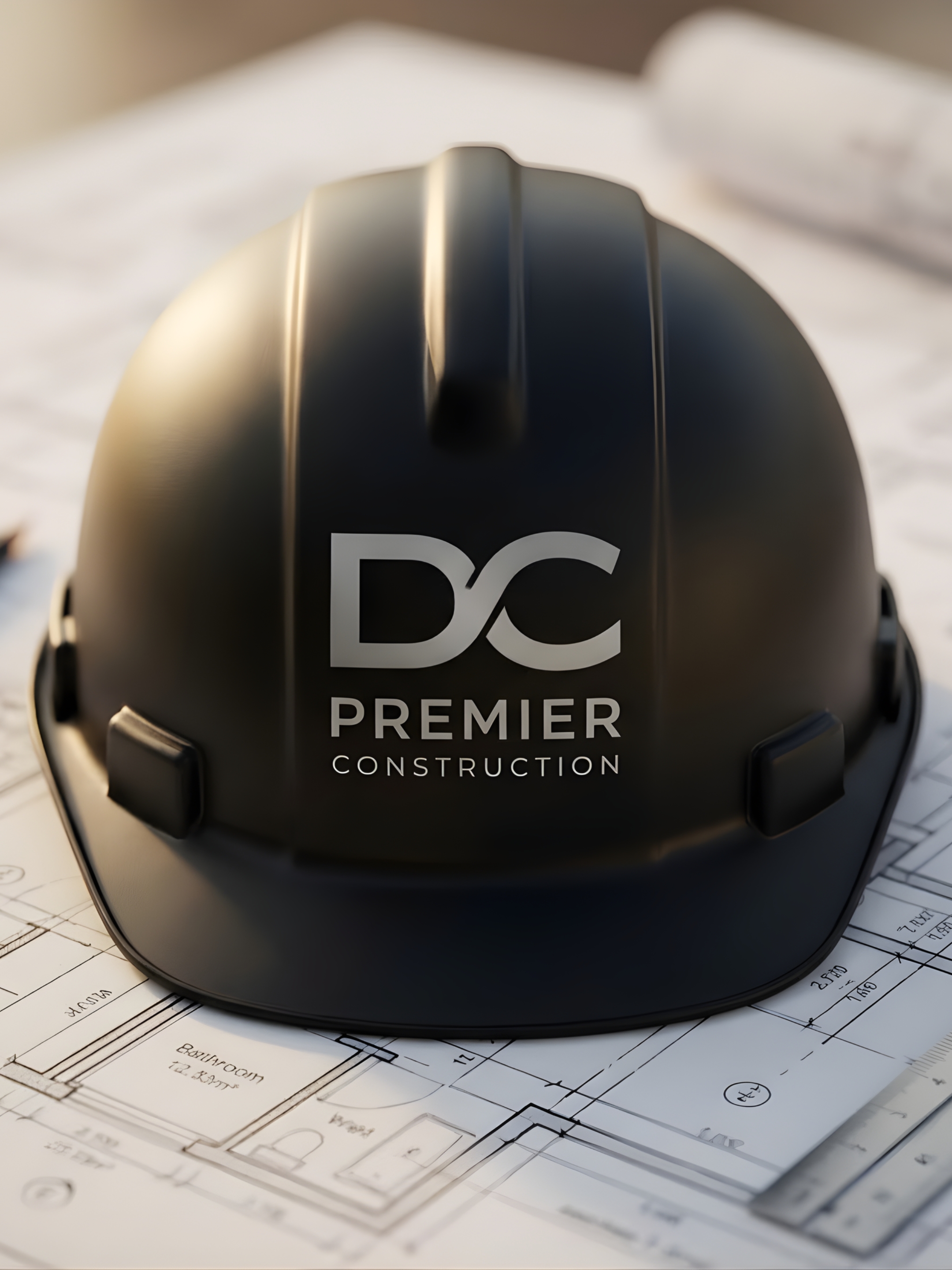D&C Premier Construction hardhat on blueprints